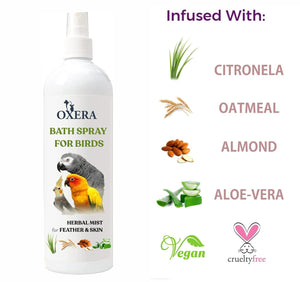 OXERA BIRD DRY BATH SHAMPOO to CLEAN FEATHER AND HELP TO AWAY FUNGAL ISSUES, INCLUDE LEMON GRASS, ALMONDS, ALOEVERA, OATMEAL 200 ML FOR BUDGIES, LOVEBIRD, COCKATIEL, CONURE, MACAW, FINCHES, CANARY, PARROTS, GREY PARROTS, MACAW