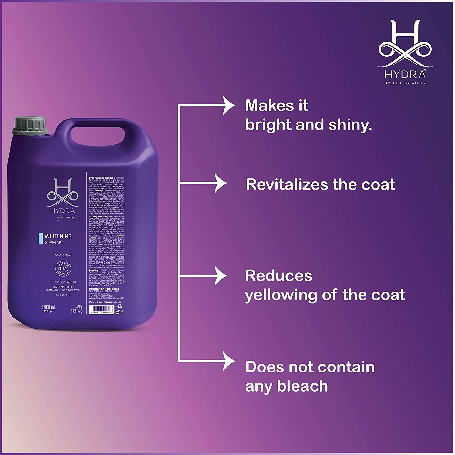 Hydra: - Groomer's Whitening Shampoo for Cats and Dogs | Contains an Optical Brightener That Reduces The Yellow in The Coat | Oatmeal Extract Moisturizes and Softens The Coat – 5 Litre