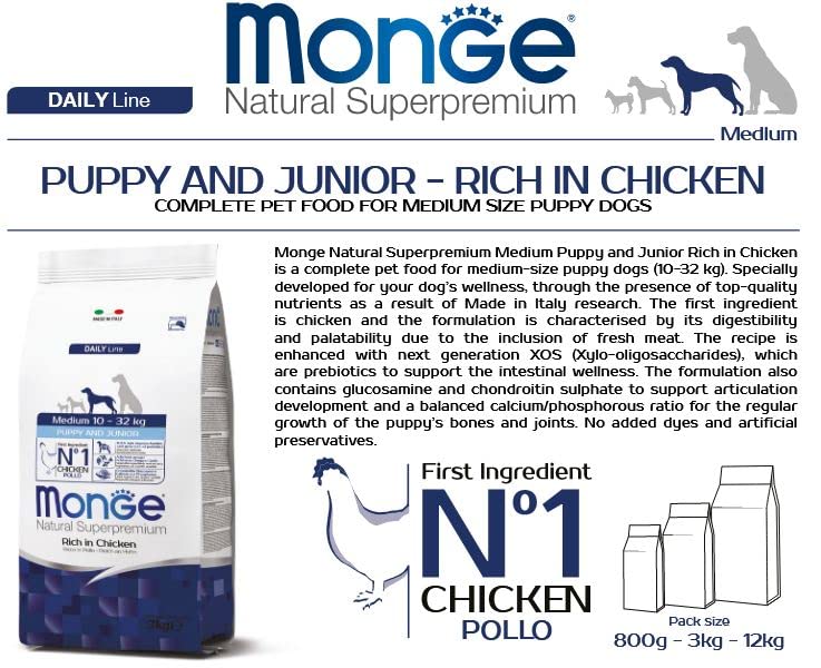 Monge Daily Line With Chicken Medium, Puppy And Junior (12 Kg, Granule)