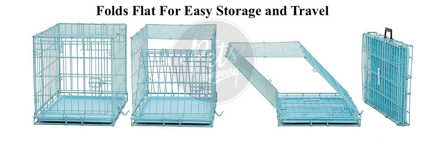 Double Door Folding Metal Dog Cage with Paw Protector, for Small Dogs and Puppies, Small, Blue, 24 Inch