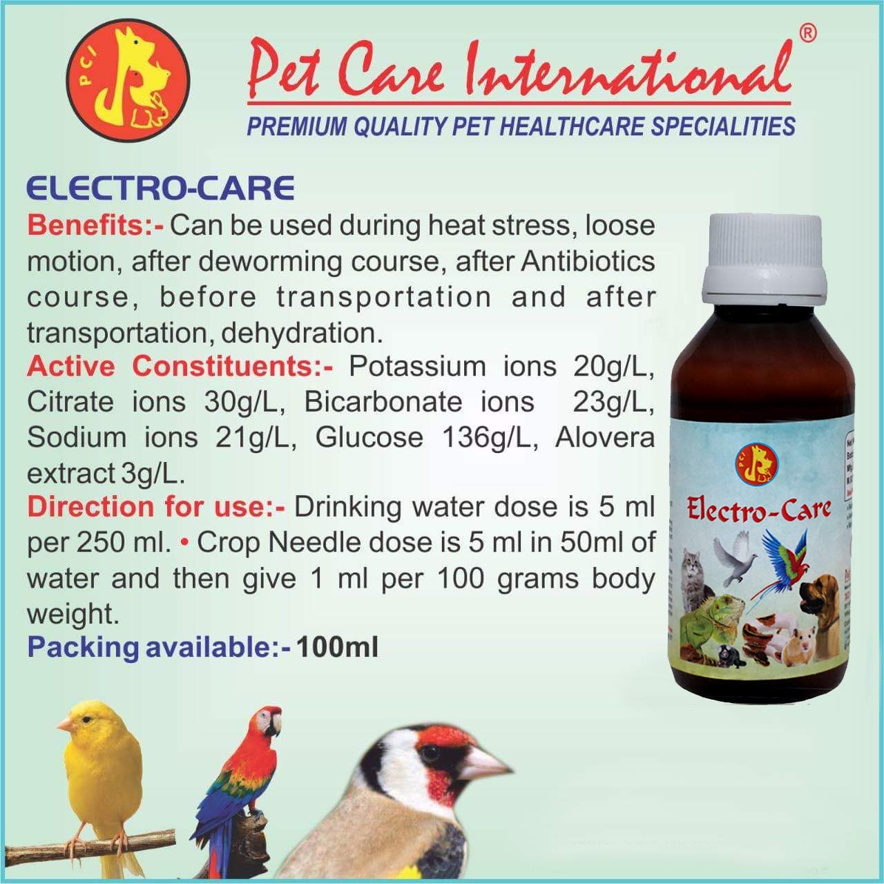 Pet Care International Electrocare for Heat Stress, Dehydration of Reptiles, Hamster, Marmoset, Iguana, Gecko, Dwarf, Gerbil (100 ml)…