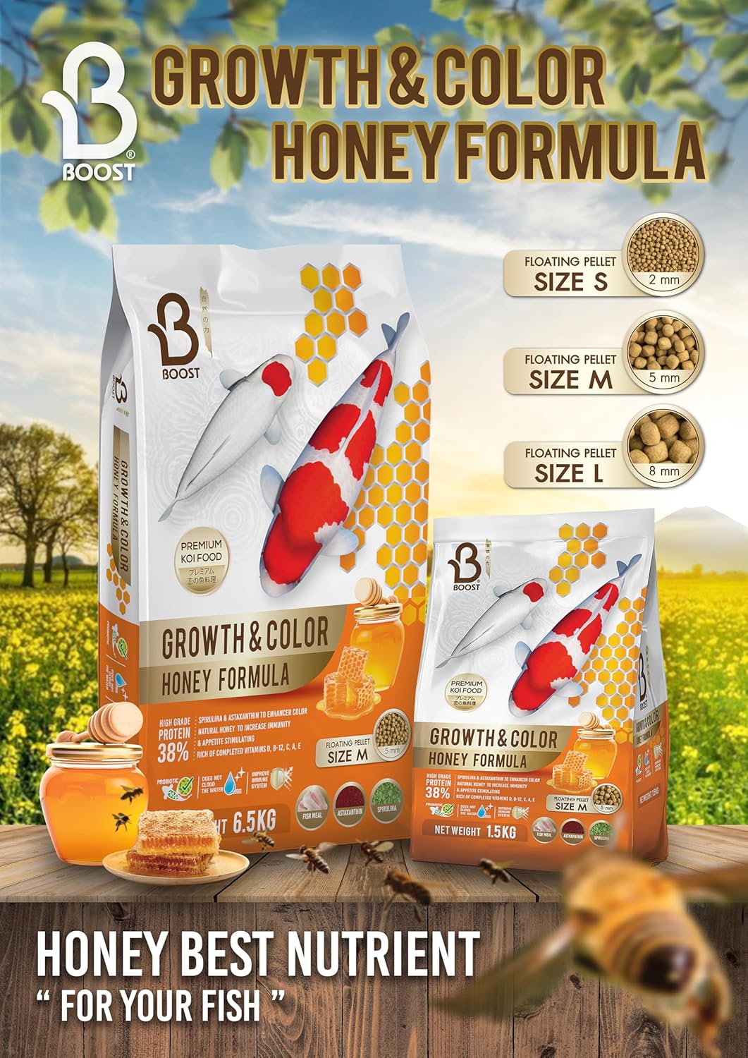 Boost Super Premium Koi Fish Food with Astaxanthin, Vitamins D,B12,C,A,E for Growth & Color Honey Formula Medium 5mm Pellet 1.5kg