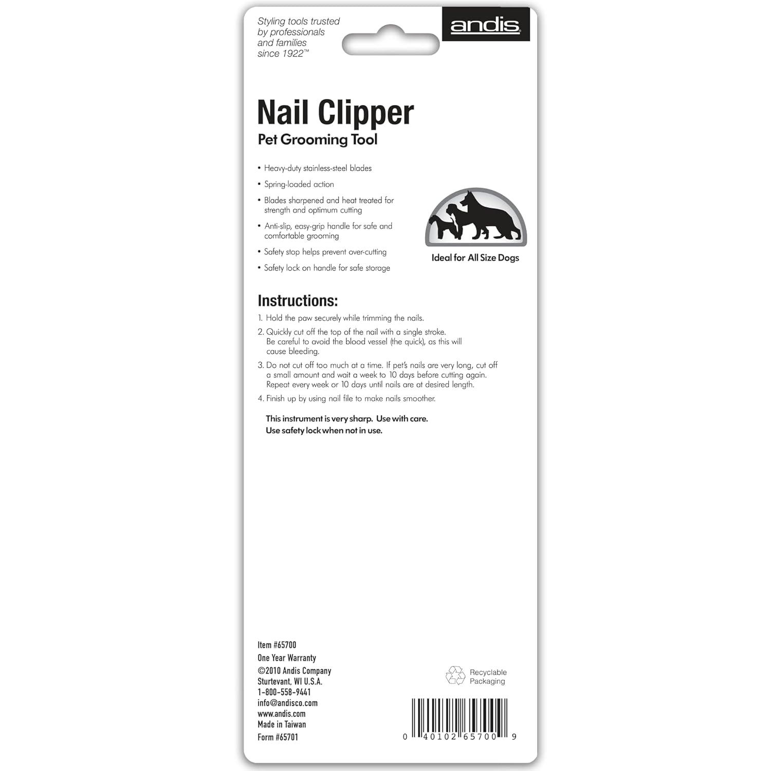 Andis 65700 Animal Nail Cutter for Small Breeds - Stainless Steel Blades with Sharp Efficiency - Designed for Repeated Use & Recommended by Pet Trainers Medium Size & White/Green