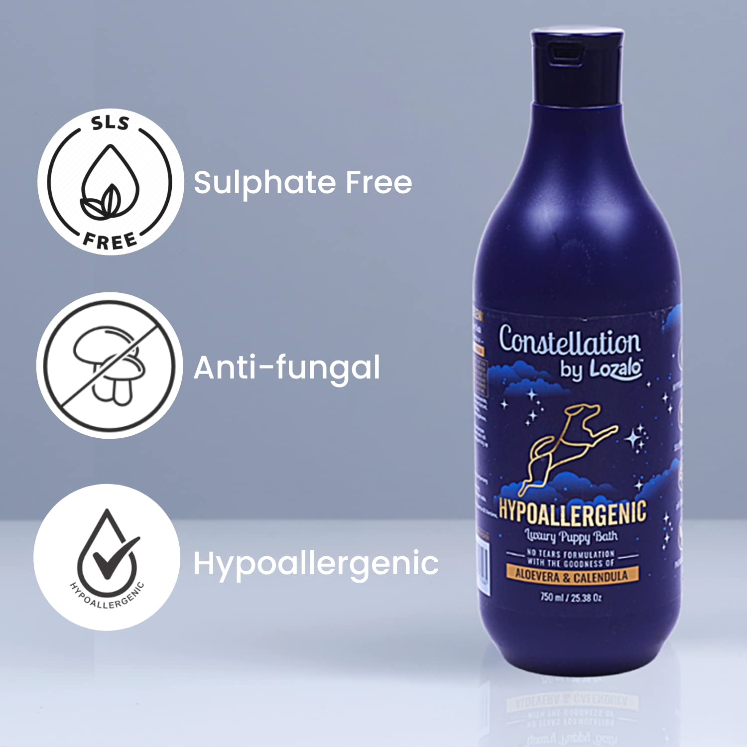 Lozalo Constellation Puppy Shampoo - 750ml Hypoallergenic Sulphate-Free Dry & Sensitive Skin Dog Wash for Puppy | Anti-Allergic Natural Aloevera for Healthy Pet Coat