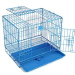 Double Door Folding Metal Dog Cage with Paw Protector, for Small Dogs and Puppies, Small, Blue, 24 Inch