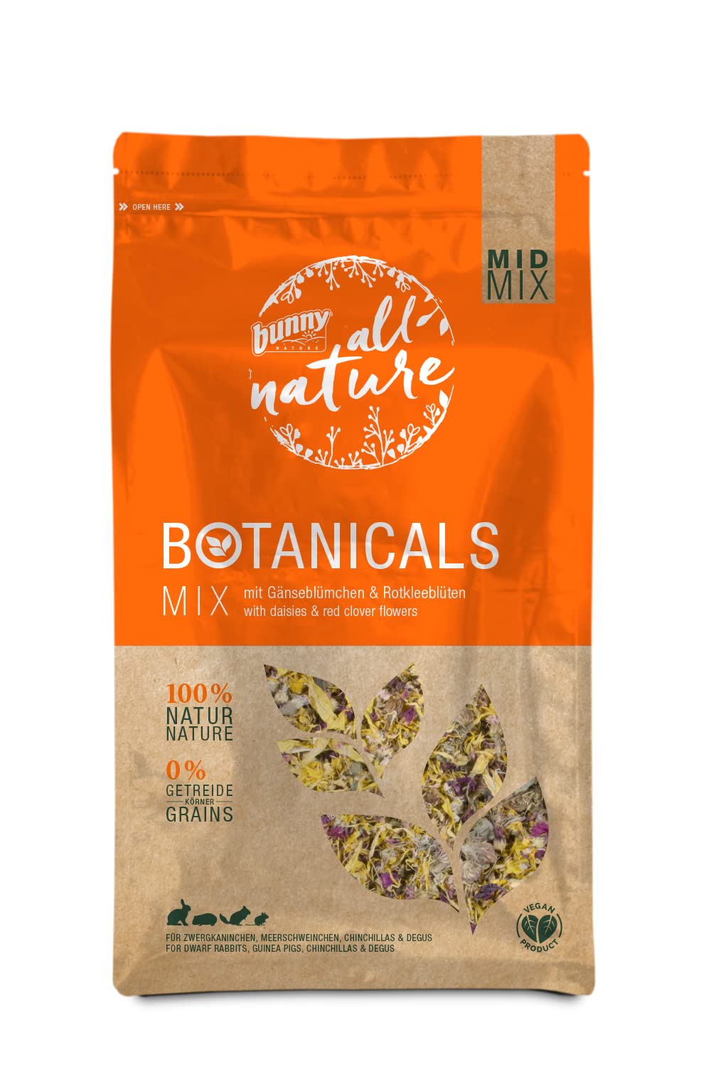 Bunny Nature Super Premium Botanicals Mid Mix with Daisies & Red Clover Flowers 120 G Supplementary Food for Dwarf Rabbits, Guinea Pigs, Chinchillas & Degus