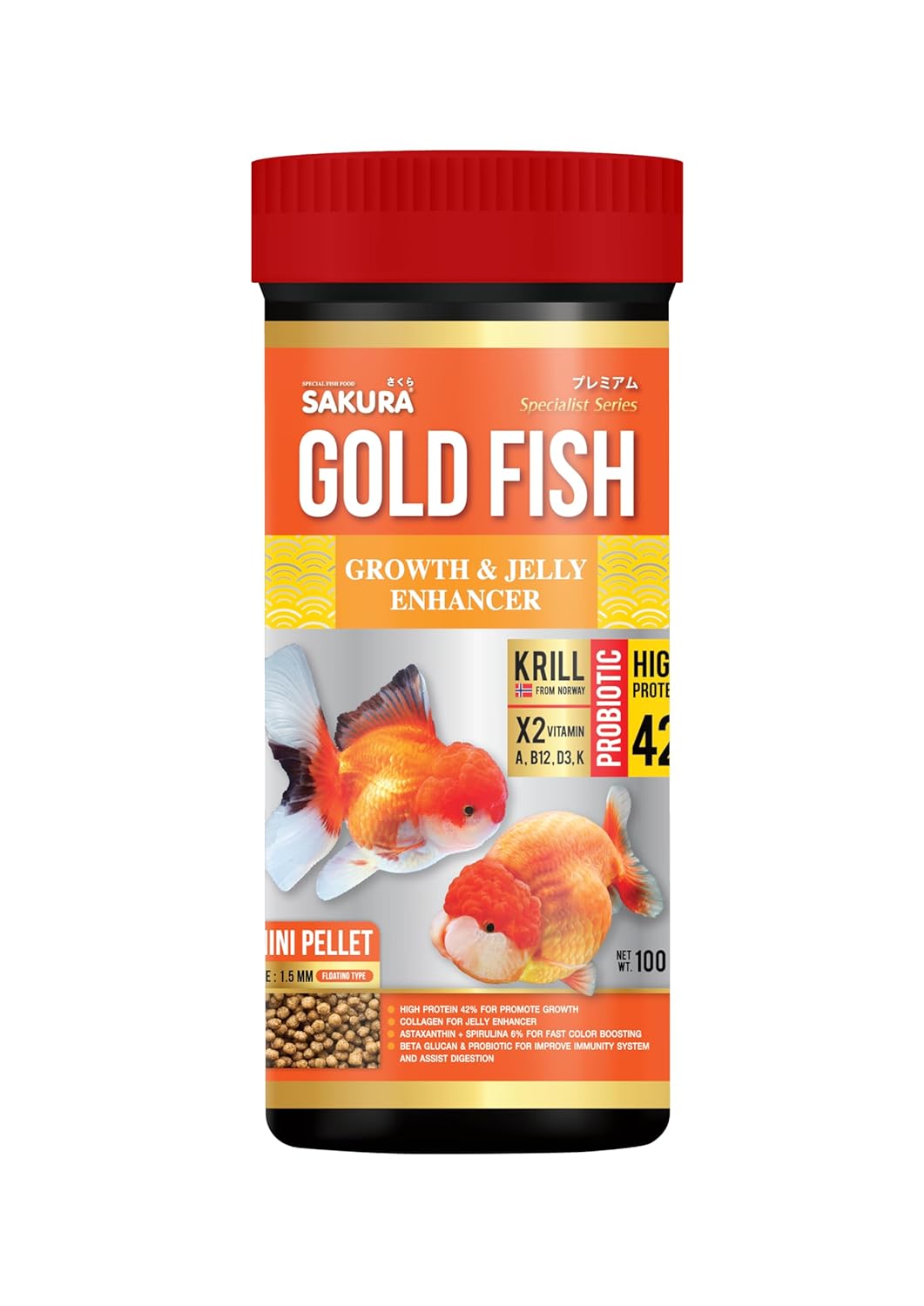 Sakura Super Premium Special Food for Gold Fish with Krill,Vitamin (A,B12,D3,K) & Probiotic Mini Pellet 1.5 mm- 100gm