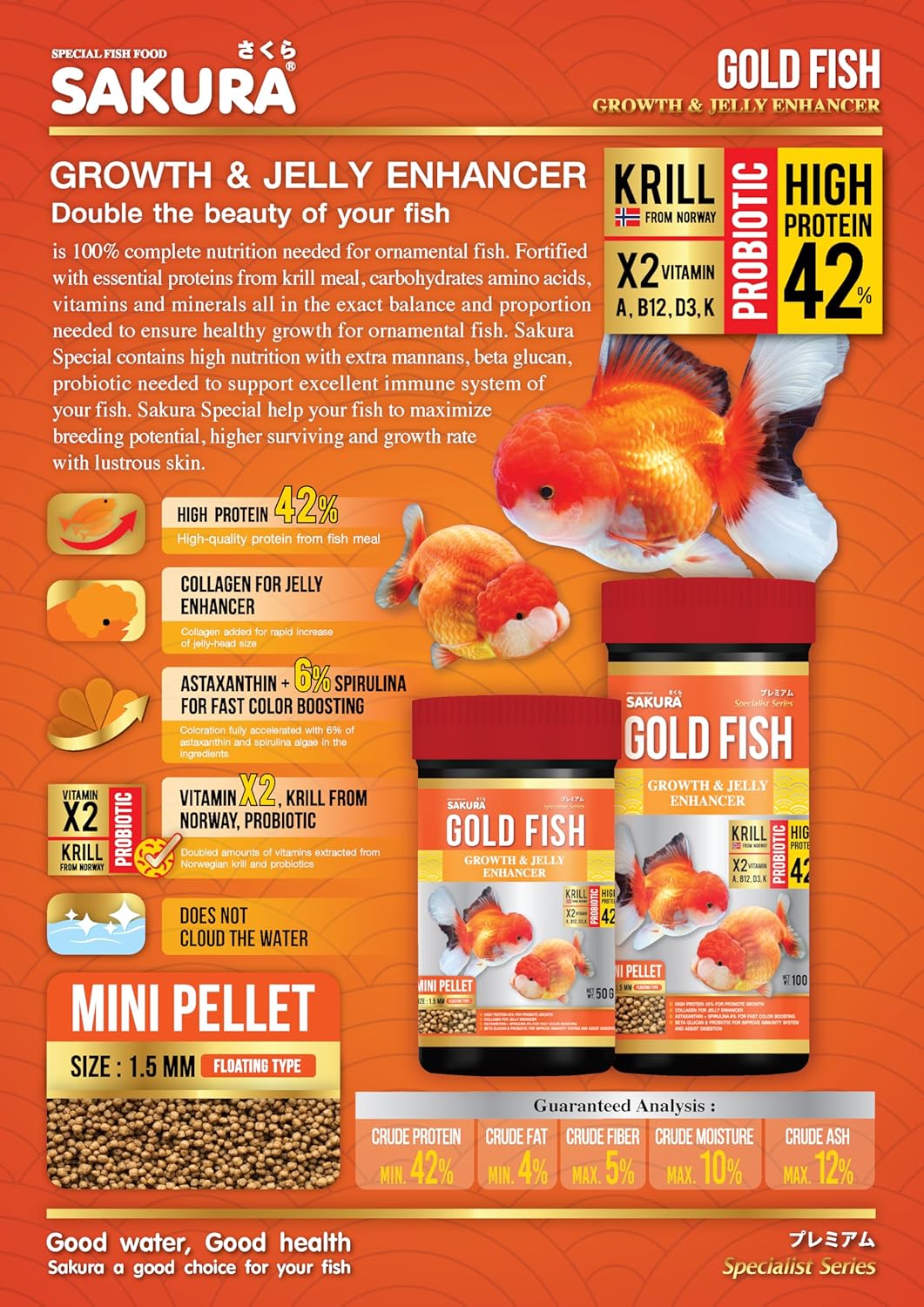 Sakura Super Premium Special Food for Gold Fish with Krill,Vitamin (A,B12,D3,K) & Probiotic Mini Pellet 1.5 mm- 100gm - Image 3