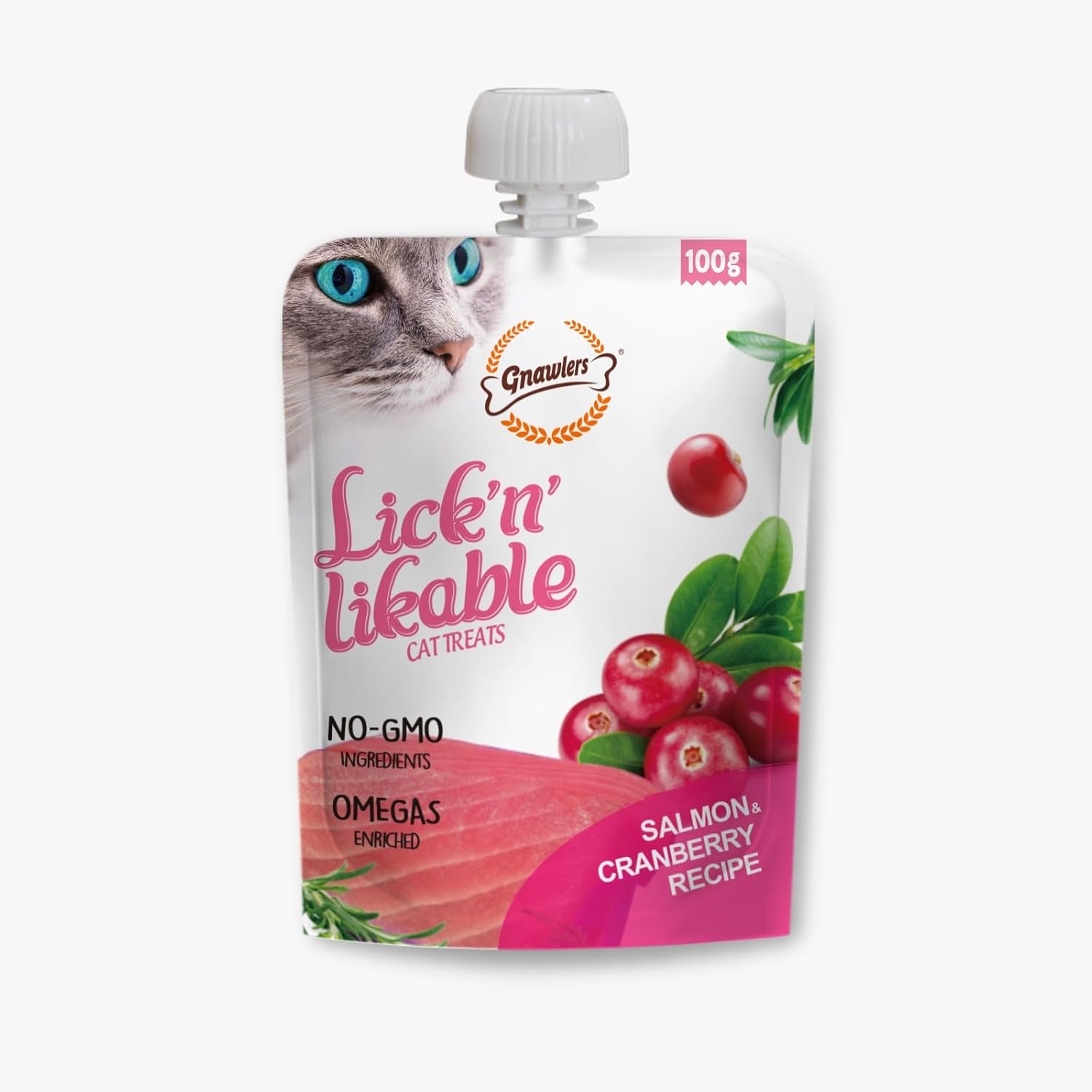 Gnawlers Lickable Wet Creamy Cat Treats with Salmon & Cranburry Flavour for Adult & Senior Cats, Healthy Cat Treat, Pack of 5 – by DogsNCats