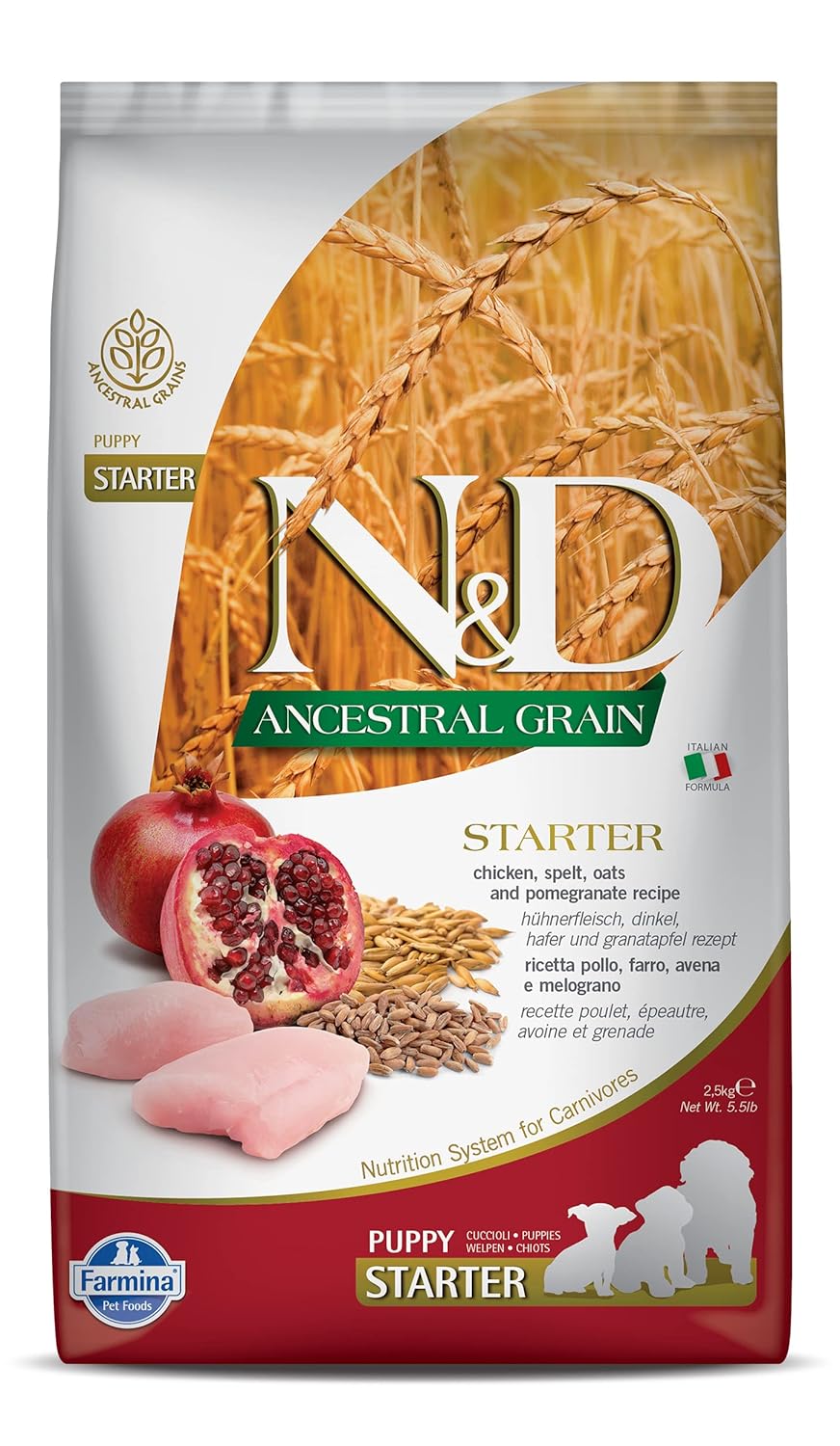 Farmina N&D Ancestral Grain Starter Puppy Dog Food | No Artificial Preservatives | Spelt, Oats, Chicken & Pomegranate | Complete Nutrition for Puppies Up to 2 Months | 2.5kg