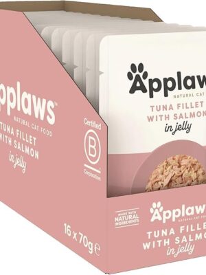 Applaws Natural Premium Wet Cat Food for Adult Cats, Tuna with Salmon in a Tasty Jelly Pack of 16 x 70g Pouches